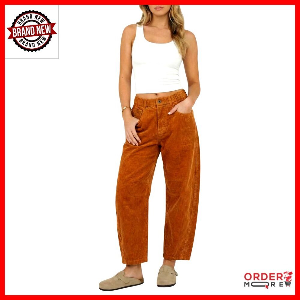 Corduroy Barrel Pants Mid-Rise Elastic Waist Wide Leg Trousers with Pockets